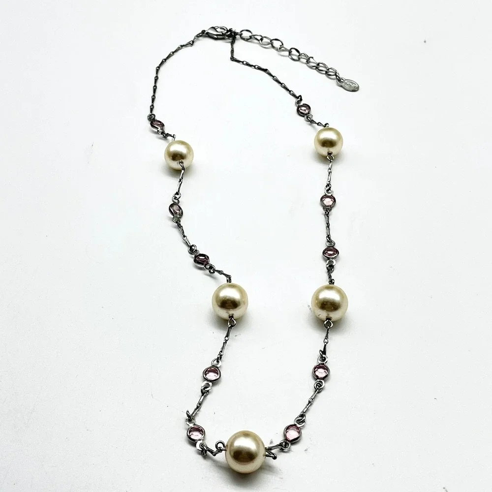 Signed Monet Necklace Silver Tone Pink Rhinestone Faux Pearl Station Vintage